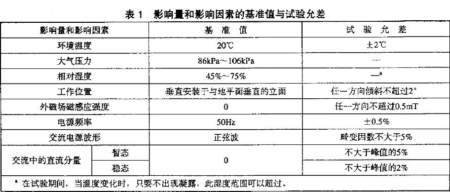 标准基准值与试验允差见表1